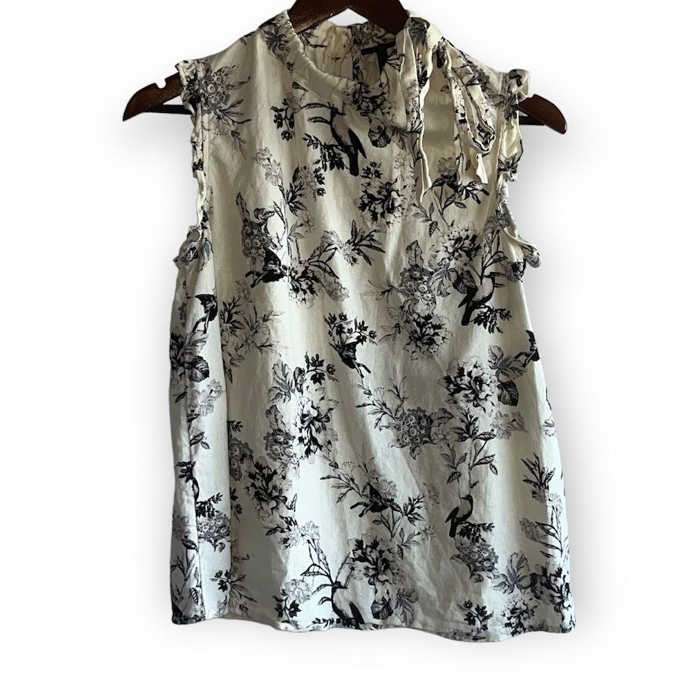 Who What Wear Linen Black & Cream Floral Sleeveless Top
